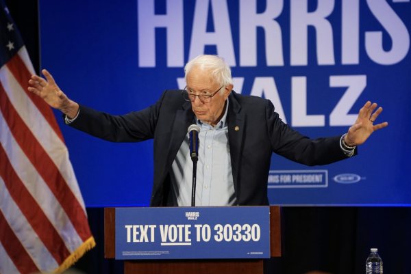 Bernie Sanders speaks at the Culver Family Welcome Center Oct. 28, campaigning for presidential candidate Kamala Harris and encouraging the crowd to get out and vote.